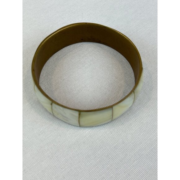 Vintage Brass Mother Of Pearl Bangle Bracelet 70s 80s Cream - Picture 2 of 7